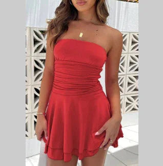 Summer Ruffles Tube Short Dress Fashion Solid Color Party Beach Dresses Women's Clothing - VAleG