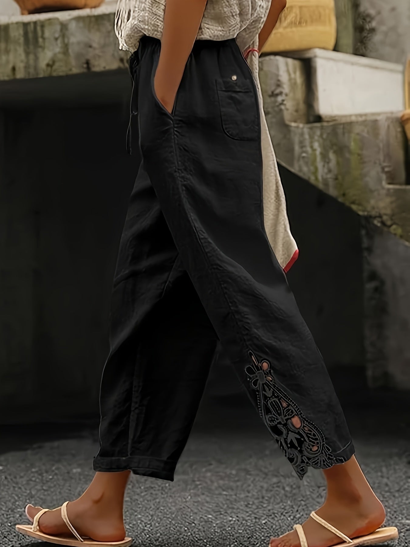 Pantaloni casual dritti da donna con coulisse in pizzo