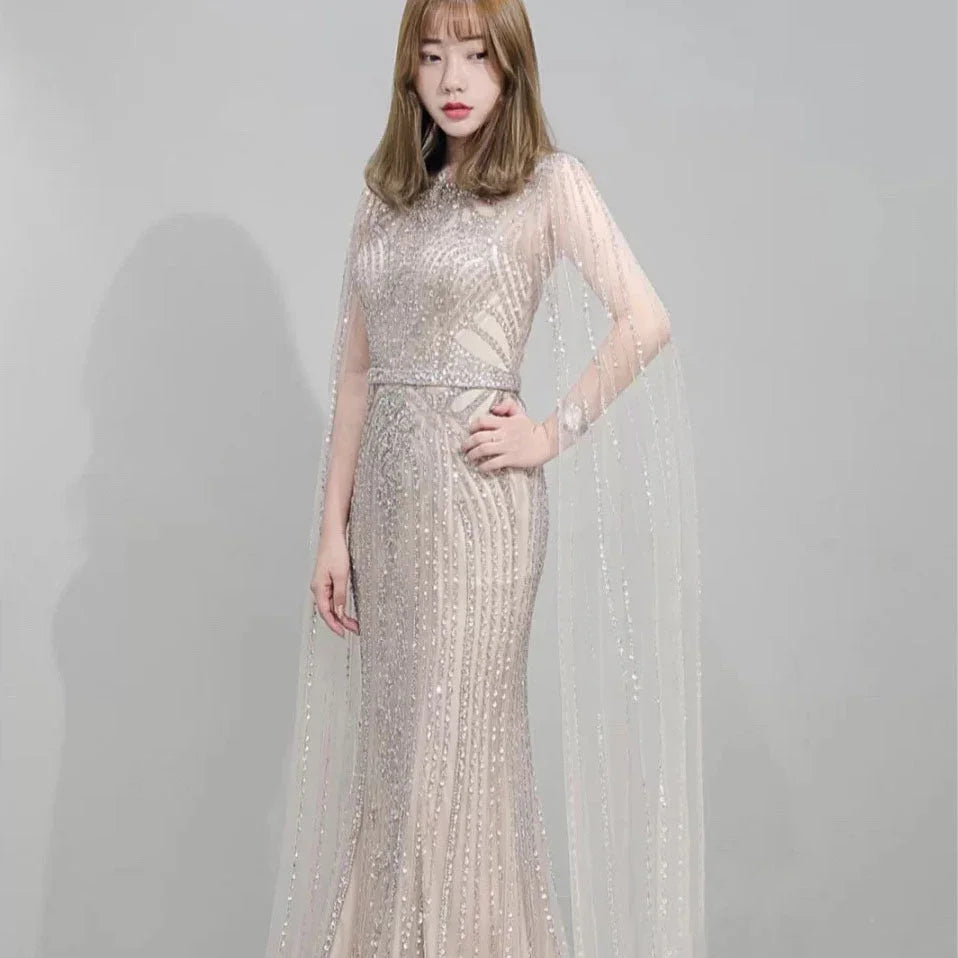 Fishtail Zipper Floating Sleeve Long Host Dress - VAleG