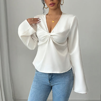 Women's Elegant Solid Color V-neck Ruffled Front Flared Sleeve Shirt - VAleG
