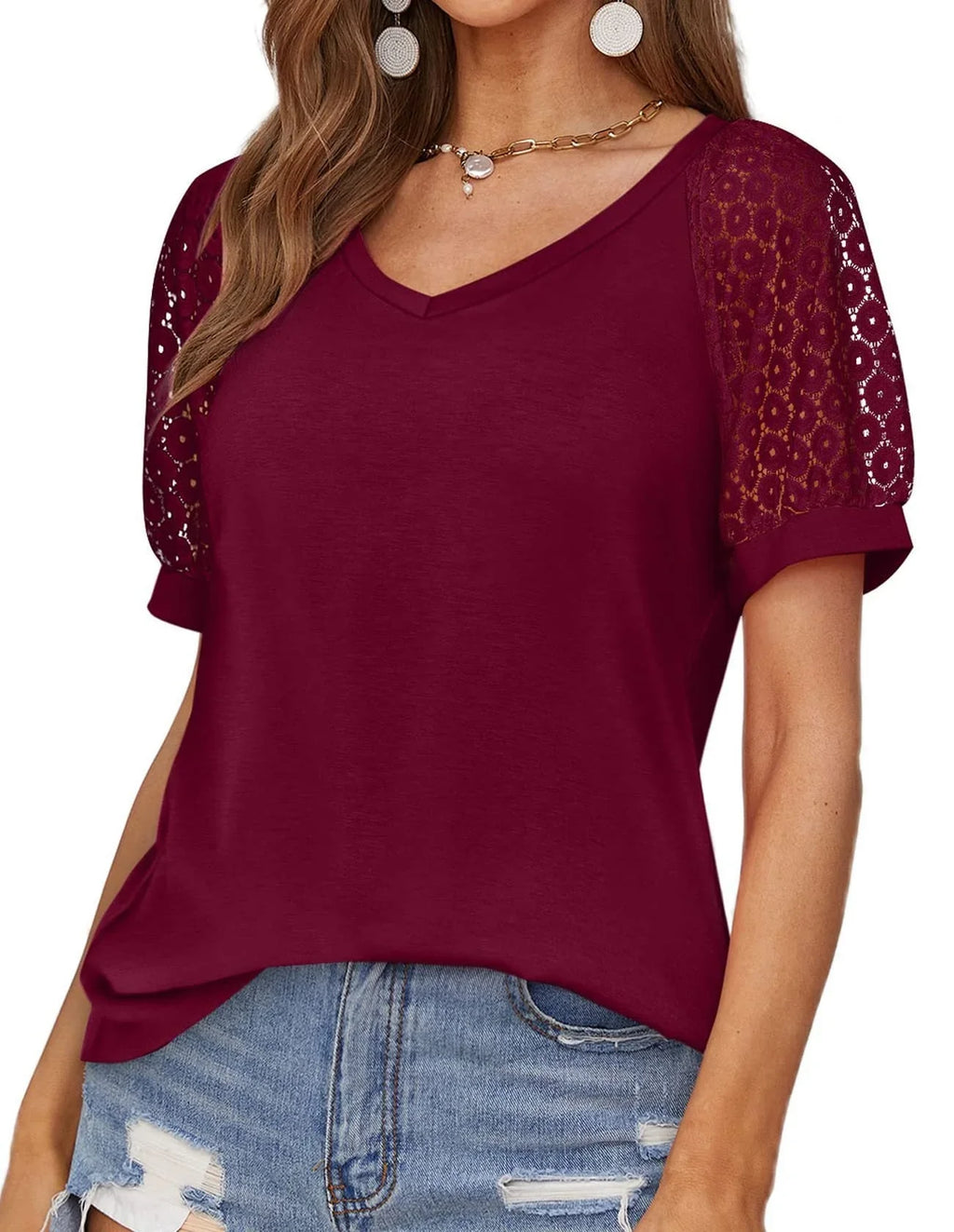 V-neck Lace Stitching Casual T-shirt For Women - VAleG