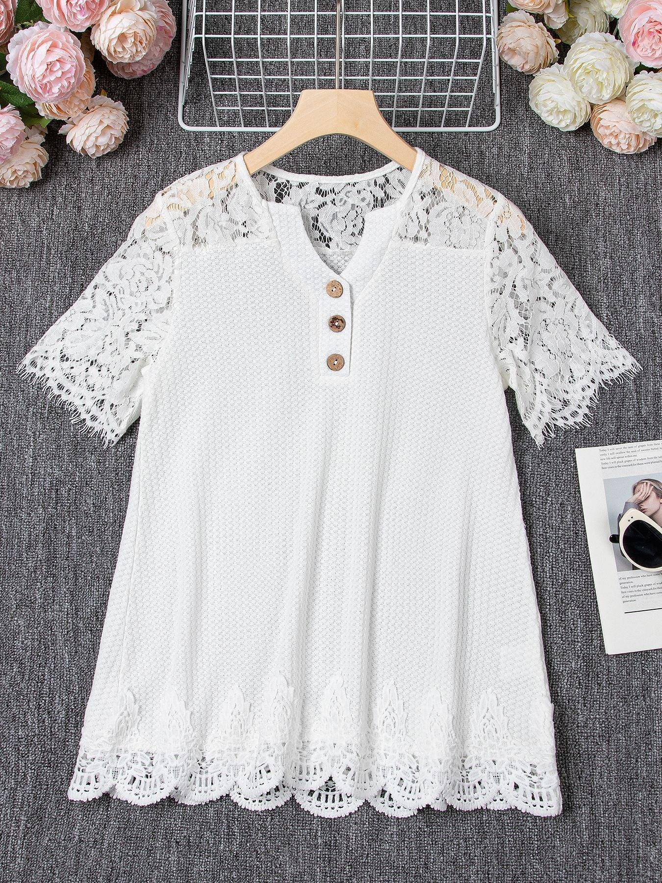 Plus Size Women's Knitted Lace Stitching Lace Short-sleeved T-shirt - VAleG