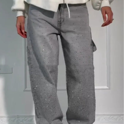 Ins Shiny Straight Jeans With Pockets Fashion Loose Wide-leg Pants For Women Street-style Trousers VAleG