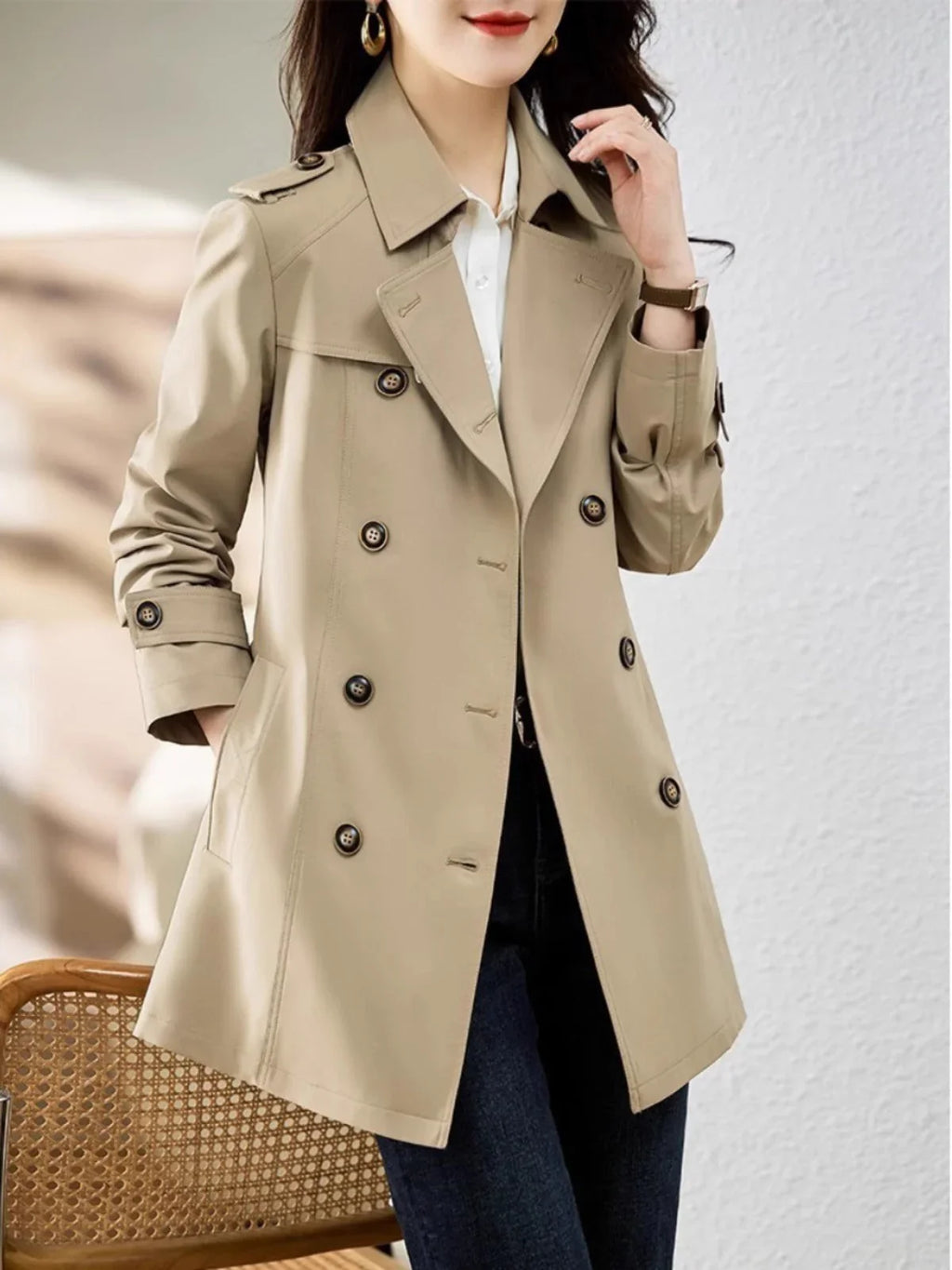 Women's Mid-length Trench Coat Double Breasted Fitted Waist Overcoat - VAleG