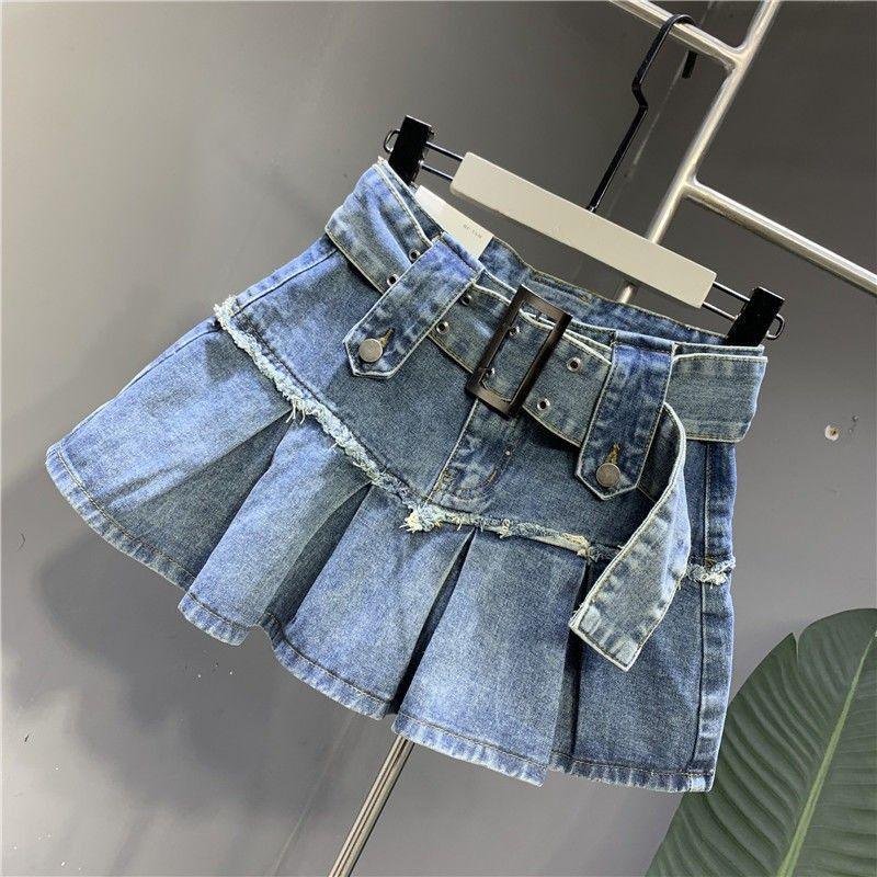 Retro Light Blue Sweet Girl Pleated Denim Skirt Small Slim A- Line Skirt - VAleG