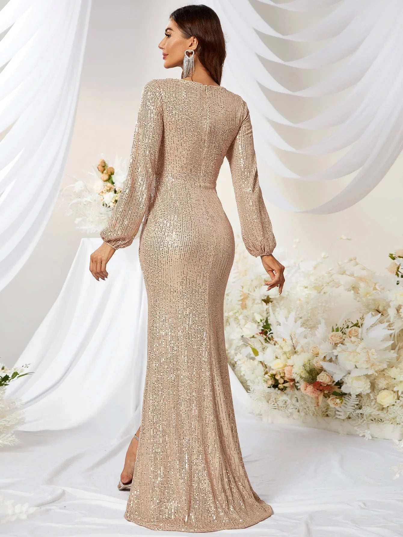 Sequined V-neck Long Sleeve High Slit Slim Fishtail Prom Evening Dress - VAleG