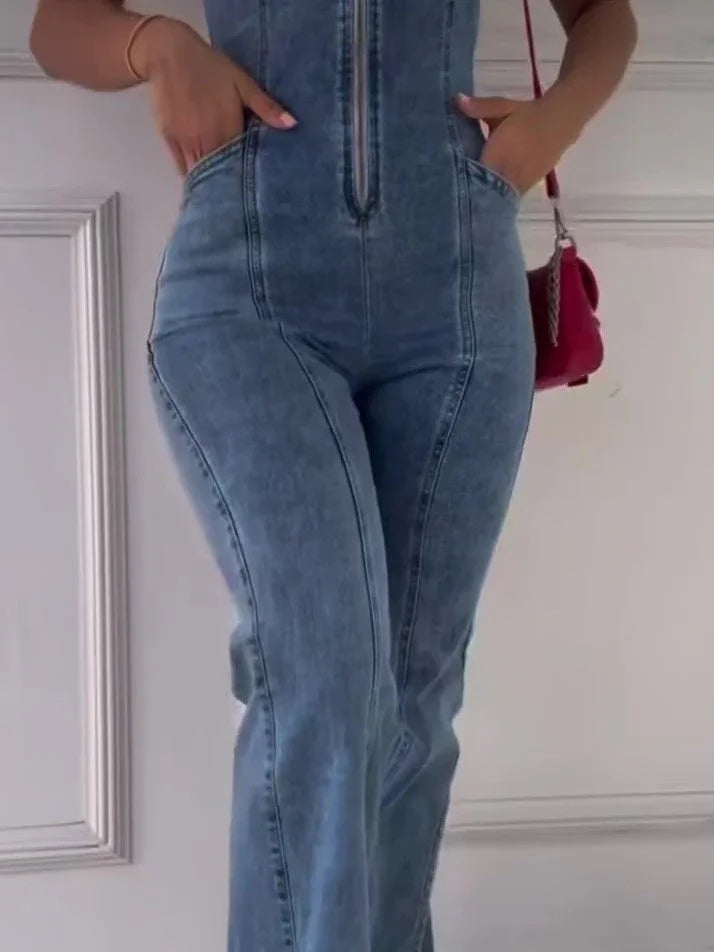 Sleeveless Paneled Zipper Denim Jumpsuit - VAleG