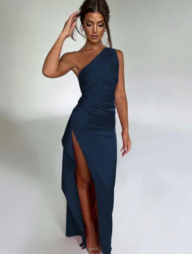 Sexy One-shoulder Backless Slit Dress Summer Elegant Slim-fit Solid Color Satin Dresses For Women - VAleG