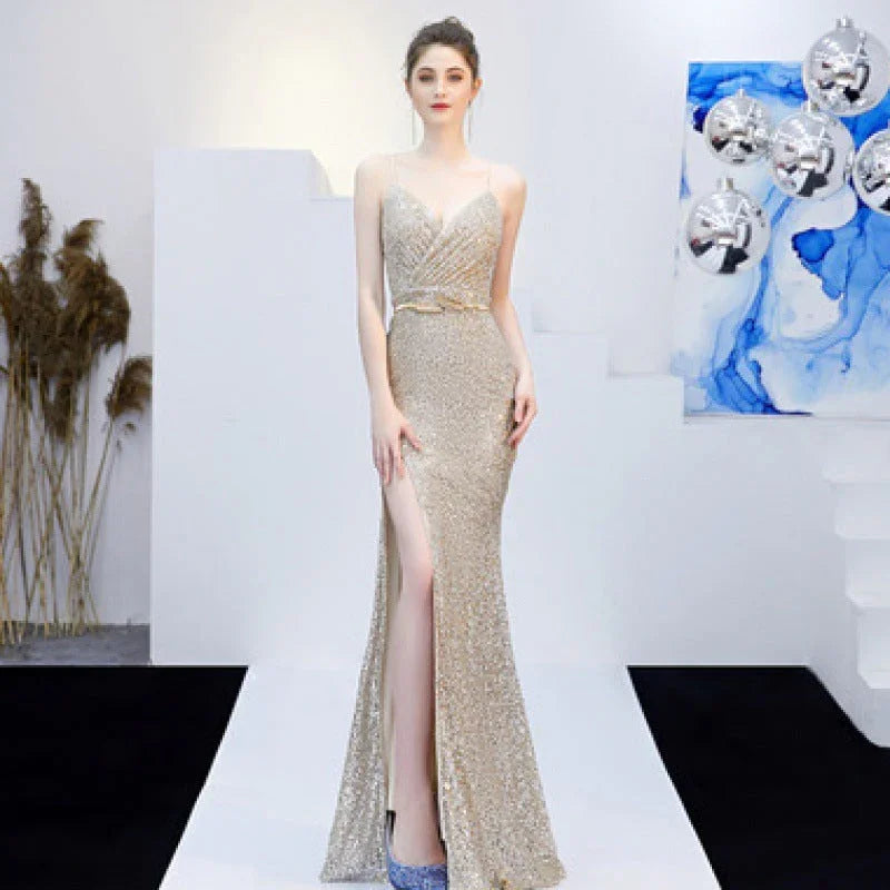 New Banquet Elegant Annual Meeting Long Host Deep V Sexy Fishtail Sequined Dress - VAleG