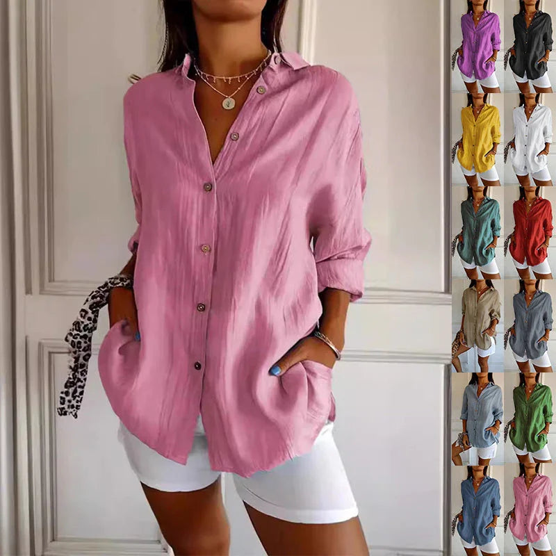 Lapel Long Sleeve Shirt Women's Single-breasted Pleated Shirt - VAleG