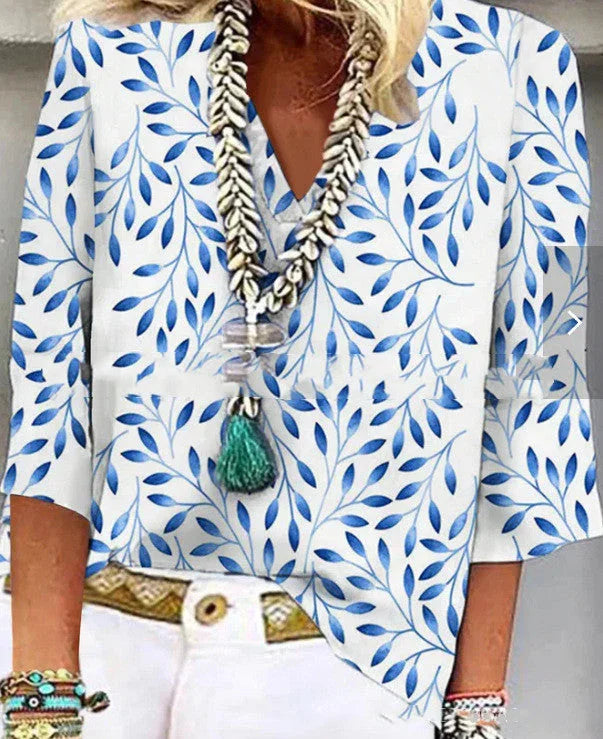 Ethnic Style V Neck Printed Women's Casual Shirt - VAleG