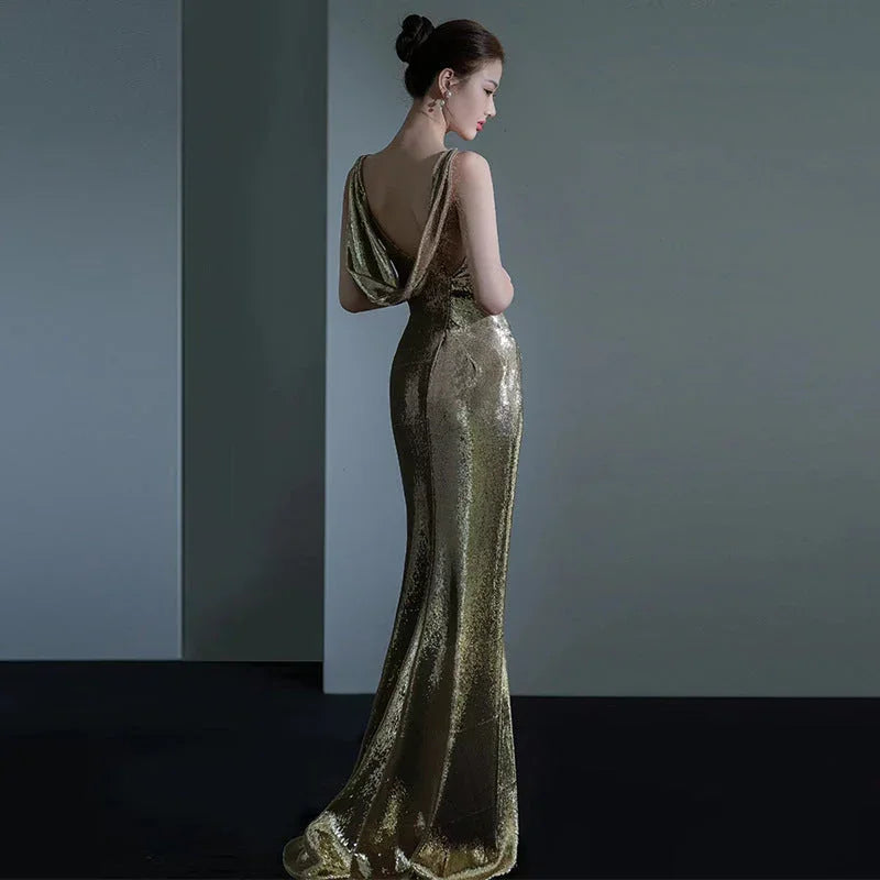 Fishtail Evening Dress For Women Elegant Sequins Annual Meeting Sexy Backless - VAleG