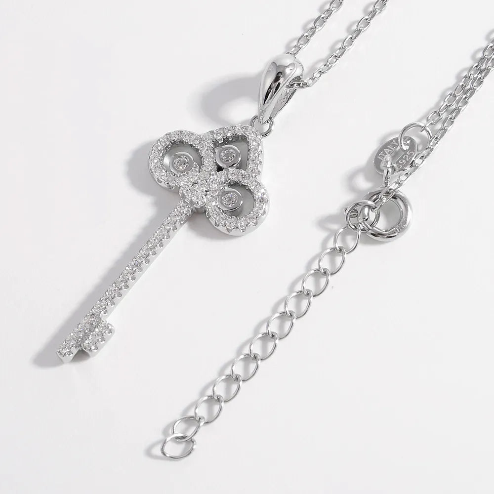 925 Sterling Silver Inlaid Zircon Key Shape Necklace - VAleG