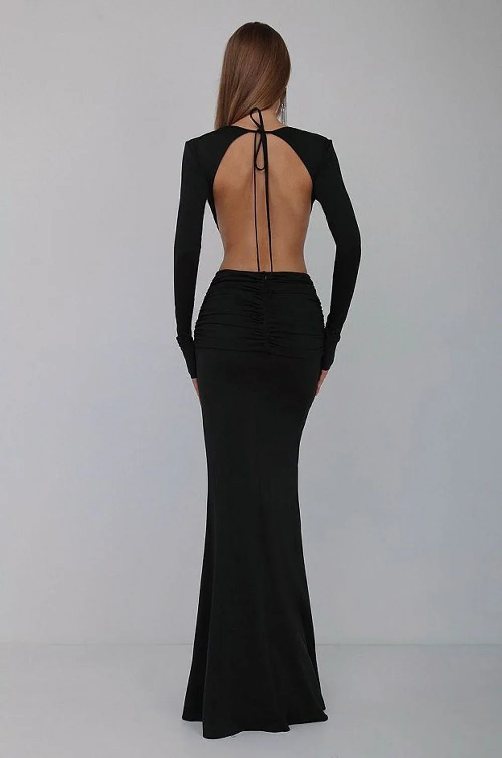 Sexy V-neck Backless Long Sleeves Skirt Waist Decorative Flower Split Fishtail Gown Dress Long - VAleG