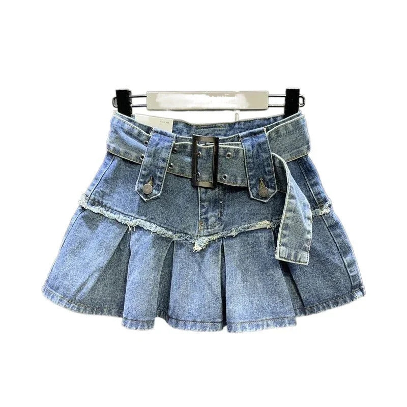 Retro Light Blue Sweet Girl Pleated Denim Skirt Small Slim A- Line Skirt - VAleG