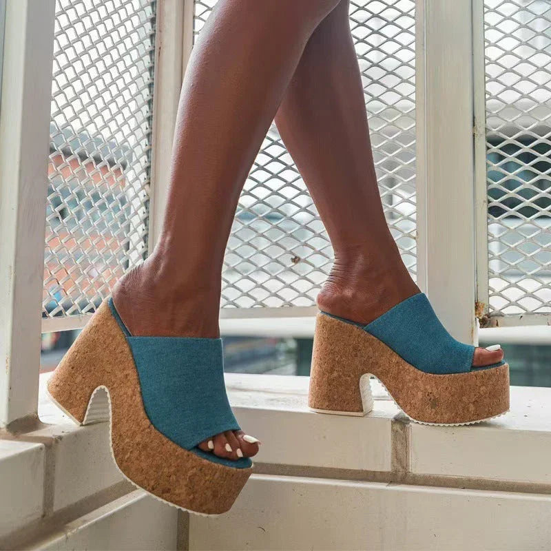 Platform Slippers Women's Light Blue One-line - VAleG