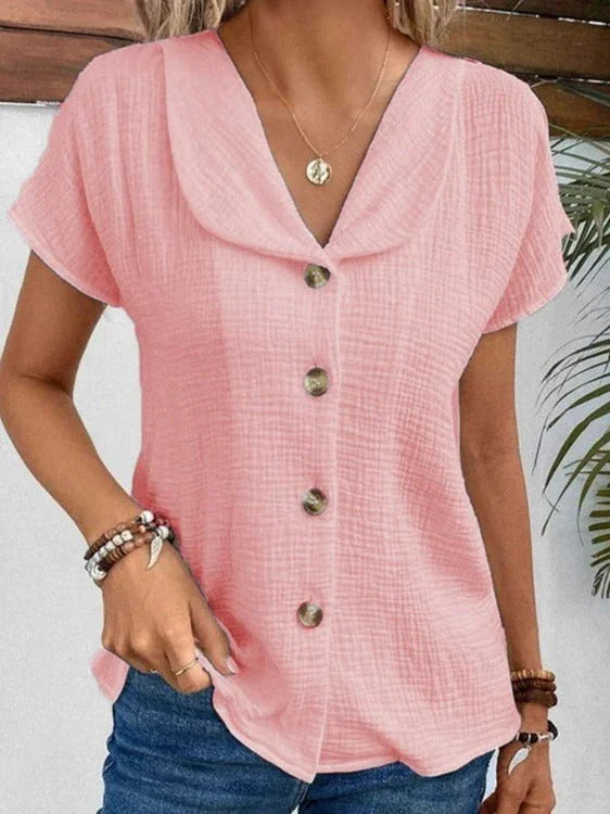 Summer Solid Color Fashion Short-sleeved Cardigan Button Women's Top - VAleG