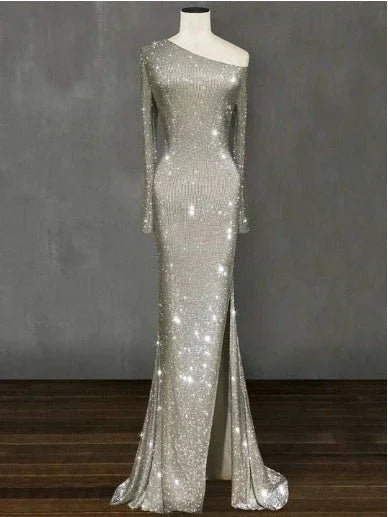 Europe and the United States one shoulder asymmetric sparkling crystal long dress skirt dress - VAleG