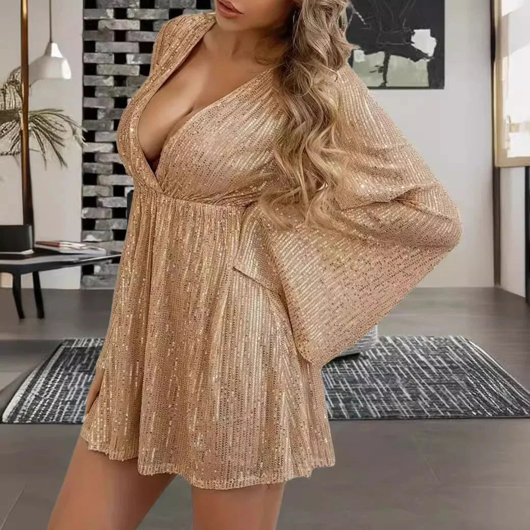 V-neck Sequin Waist Slimming Senior Party Evening Dress - VAleG