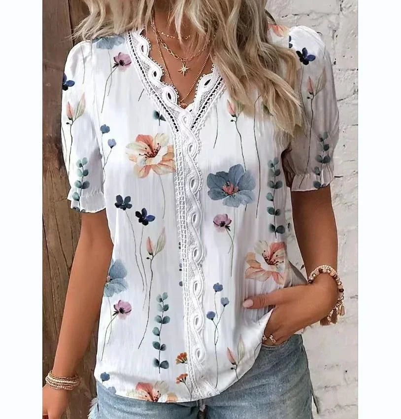 V-neck Holiday Fashion Floral Short Sleeve - VAleG