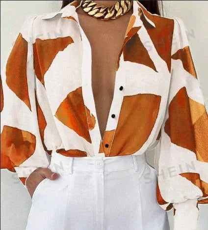 Women's Elegant Loose Geometric Print Lantern Sleeve Blouse, Spring & Summer - VAleG
