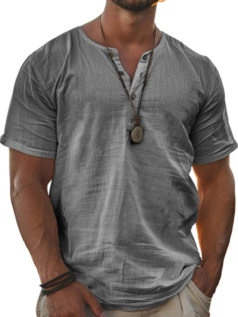 Men's Fashion Wear Men's Stand Collar Half Cardigan 4 Button Short Sleeve Shirt - VAleG
