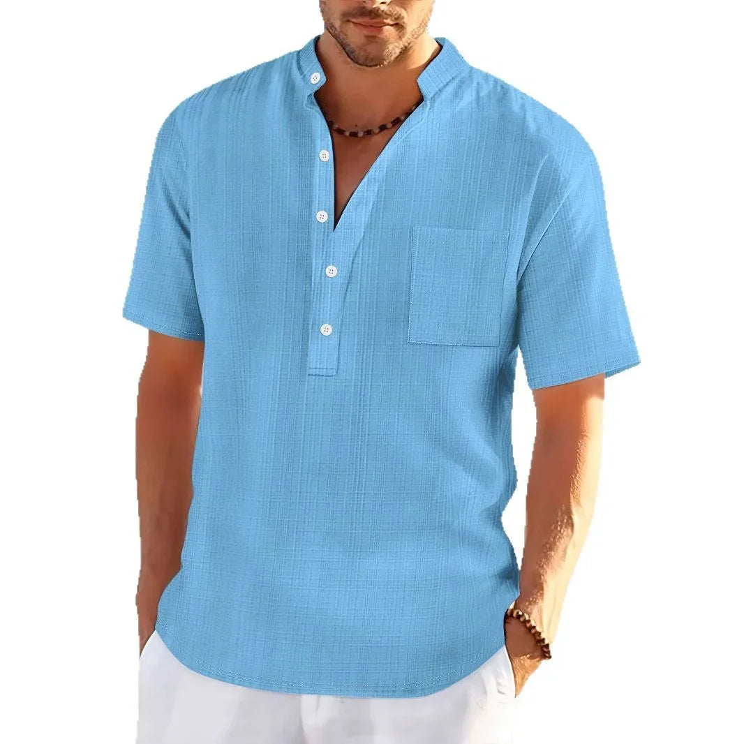 Stand Collar Short Sleeve Loose Leisure Vacation Henley Shirt - VAleG