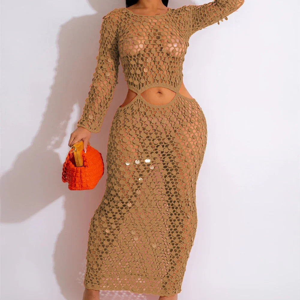 Casual Hollowed Out Sequin Beach Dress - VAleG