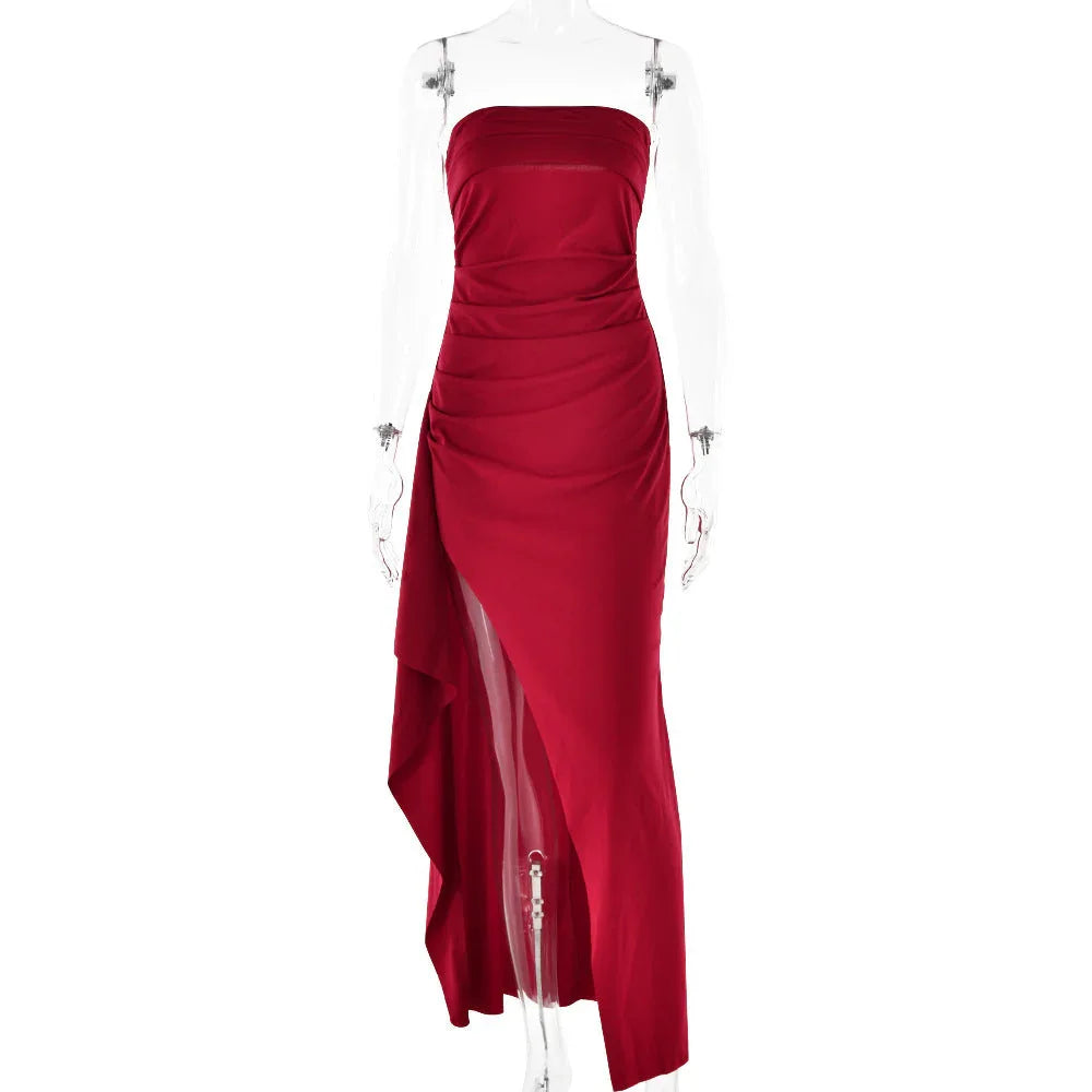 Strapless Split Long Dress Summer Fashion Pleated Bridesmaid Dress For Womens Party Wedding Clothing - VAleG