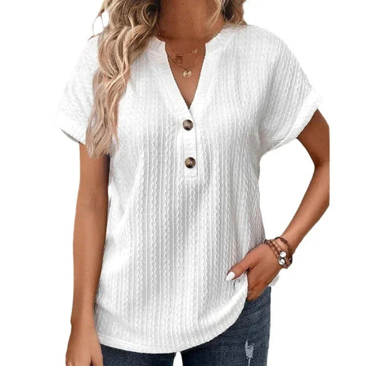 Women's Batwing Sleeve Solid Color And V-neck Button T-shirt - VAleG
