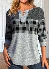 Printed Contrast Color V-neck Long Sleeve T-shirt - VAleG