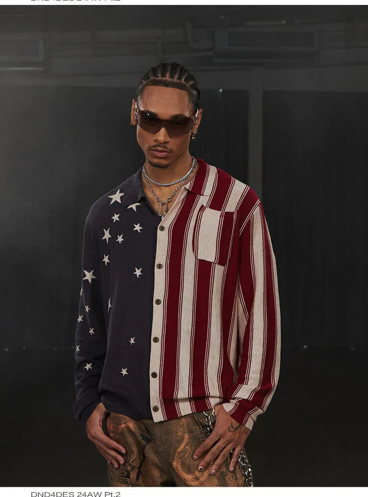American Retro Flag XINGX Printed Striped Sweater Short Wide Long-sleeved Shirt - VAleG