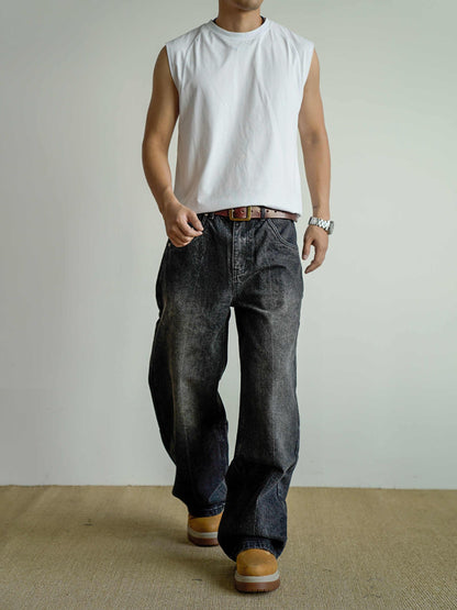 Loose Straight Washed Distressed Black Jeans - VAleG