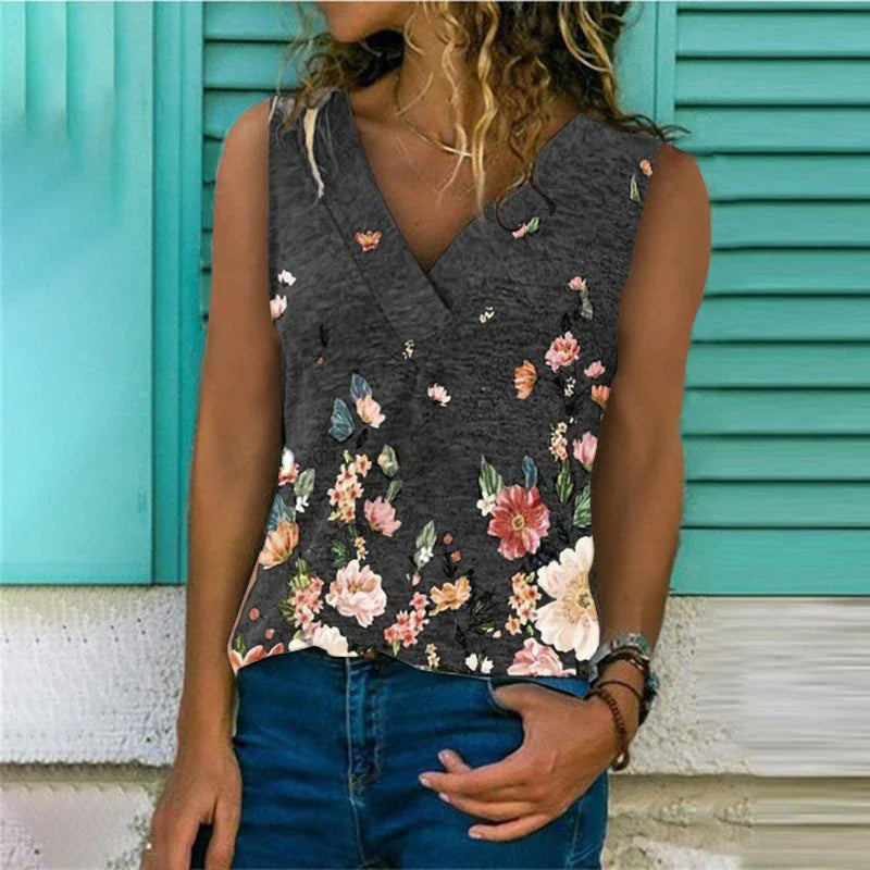 Trendy Vest Amazon Explosive Base Shirt V-neck Loose Printed Top Vest - VAleG