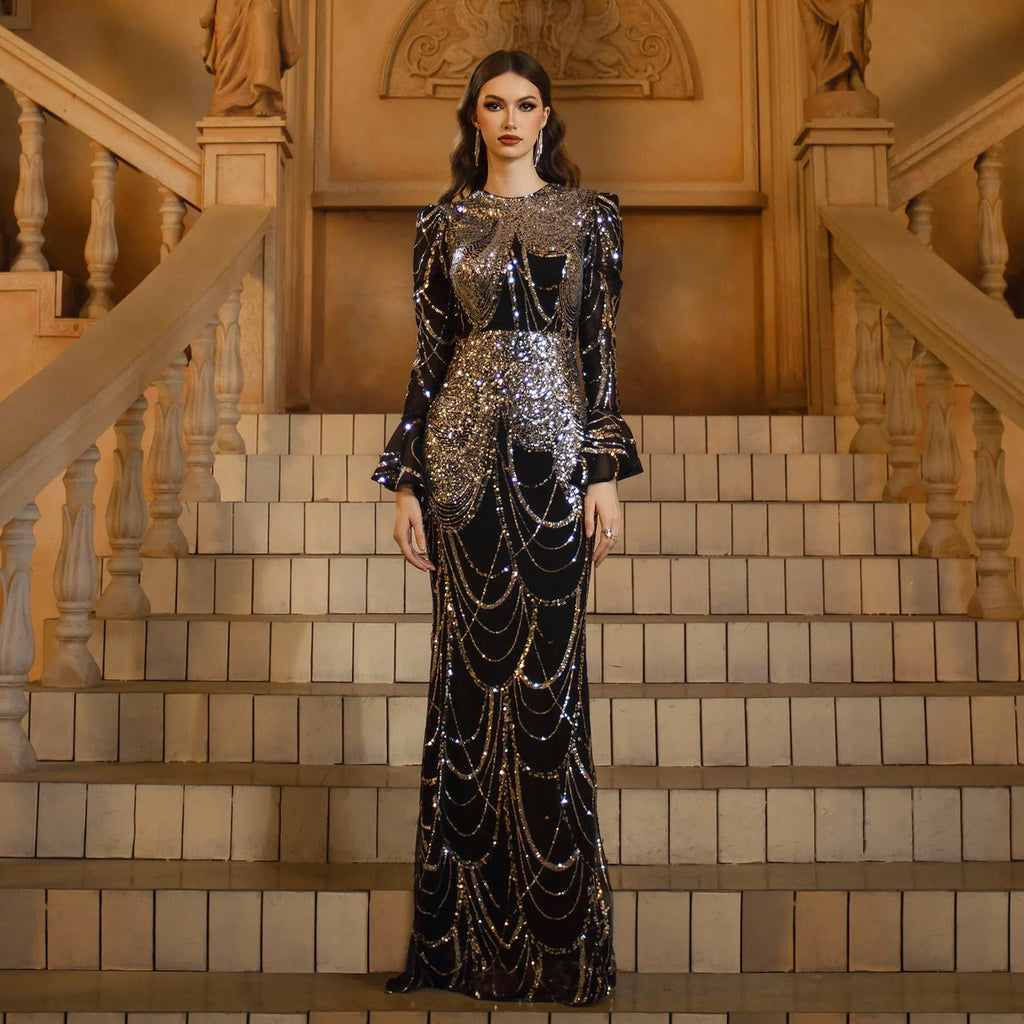 Long Sleeve Round Neck Slim-fit Sheath Sequined Banquet Fishtail Evening Dress - VAleG