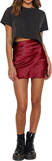 Women's Satin Lace Furcal Lower Hem Zipper High Waist Mini Skirt Hip Skirt - VAleG