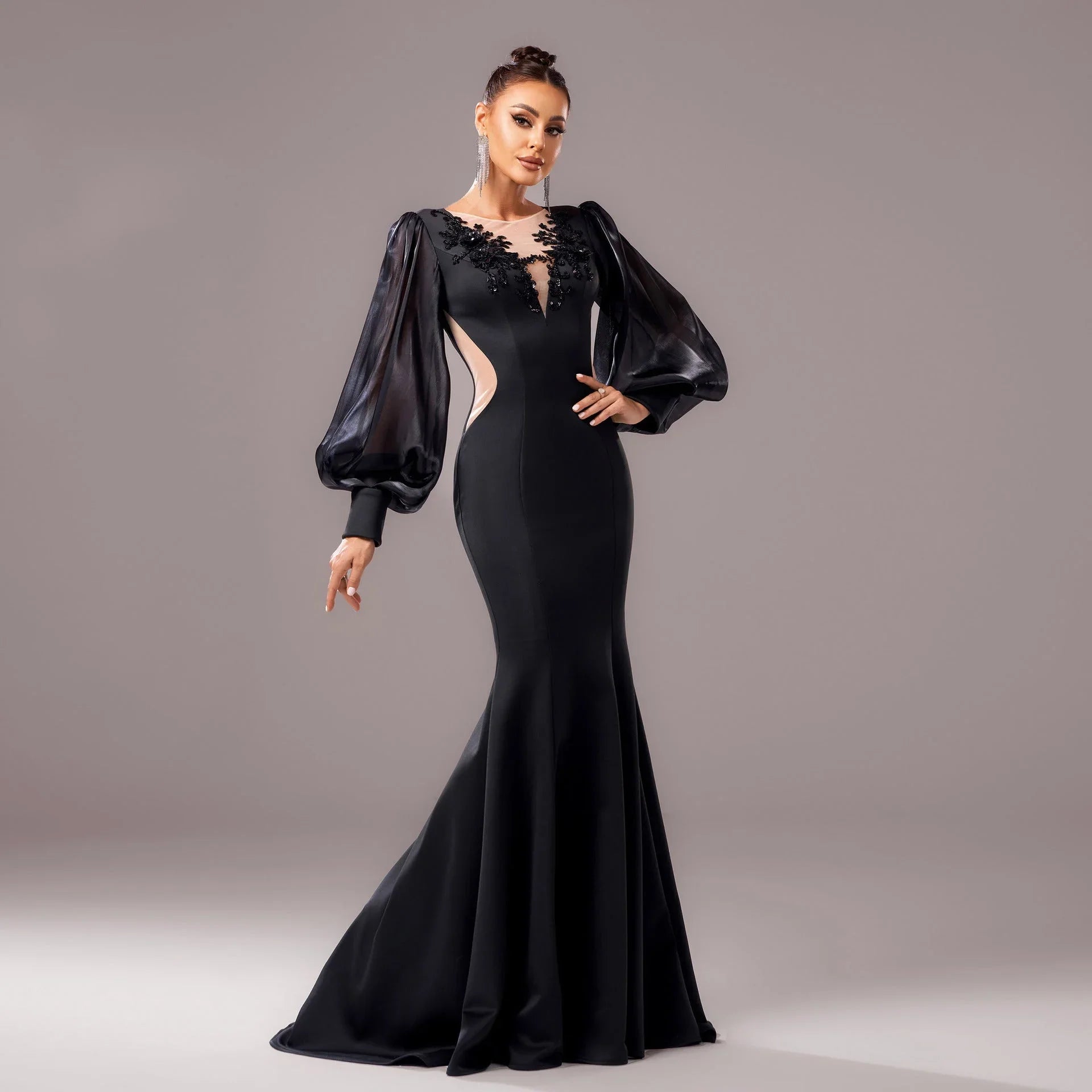 Long Sleeve Round Neck Banquet Applique Sheath Fishtail Dress - VAleG