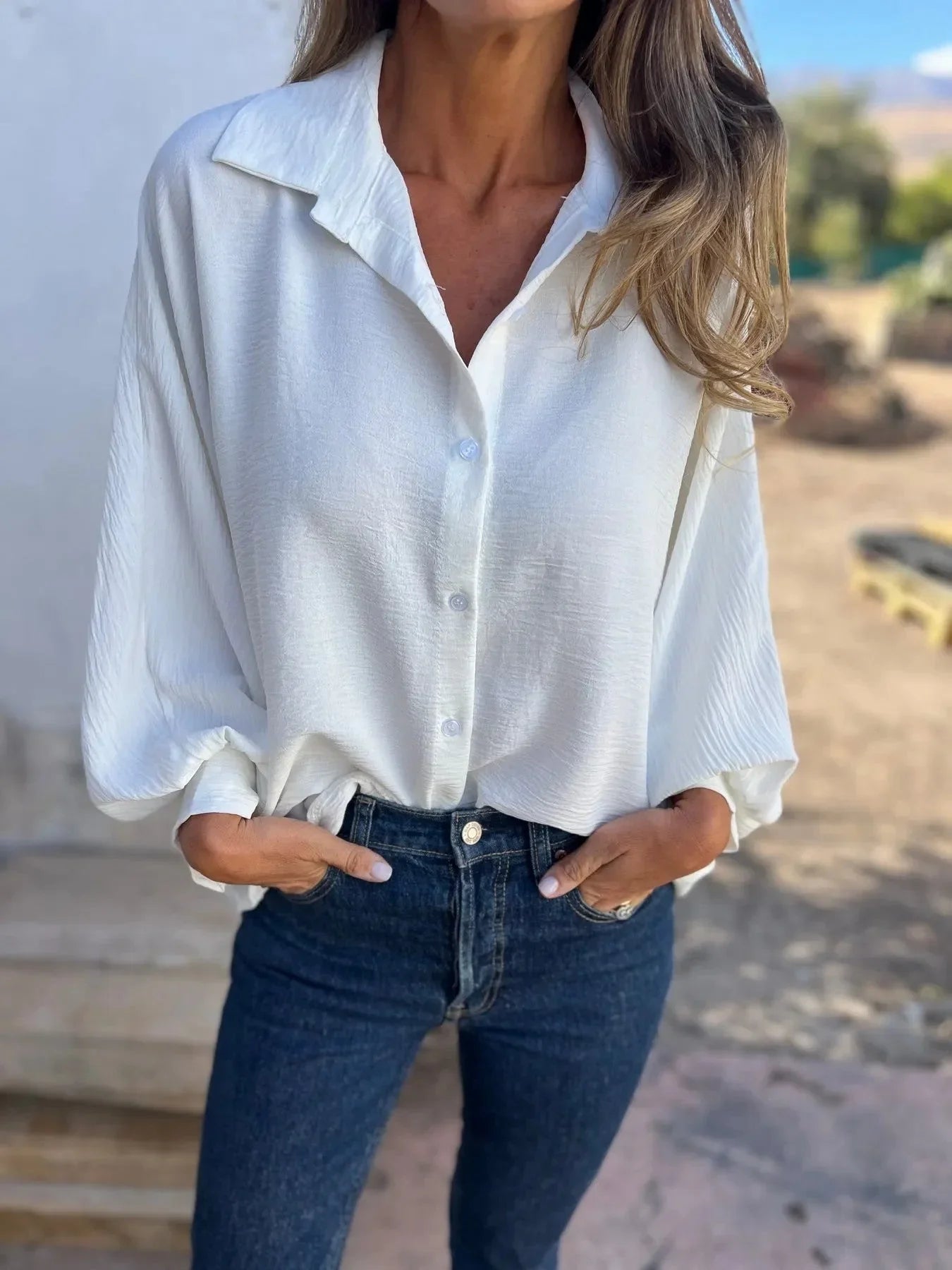 Women's Long-sleeved Lapel Button Shirt Top - VAleG