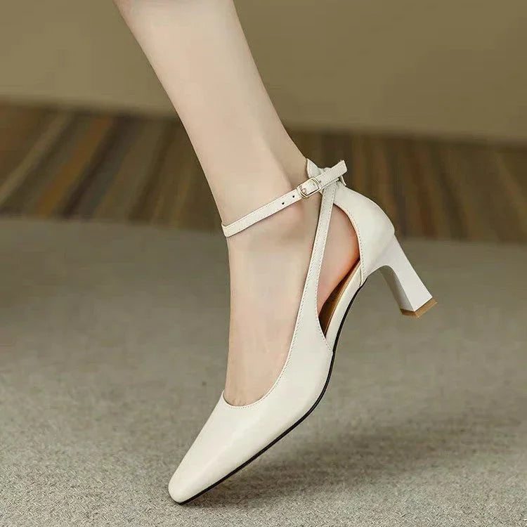 Square Toe Chunky Heel Pumps Women's Summer Mid Heel Soft Leather - VAleG