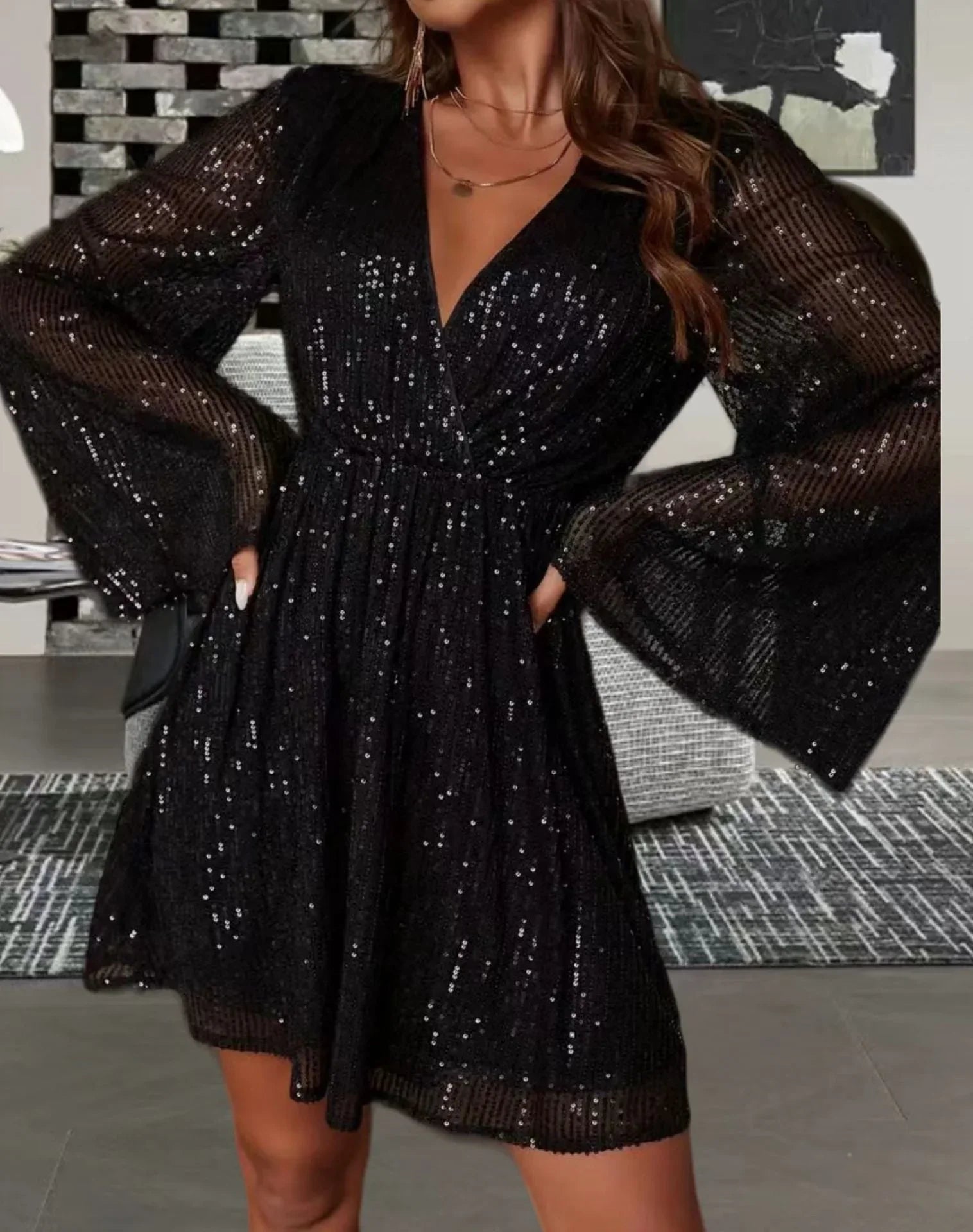 V-neck Sequin Waist Slimming Senior Party Evening Dress - VAleG