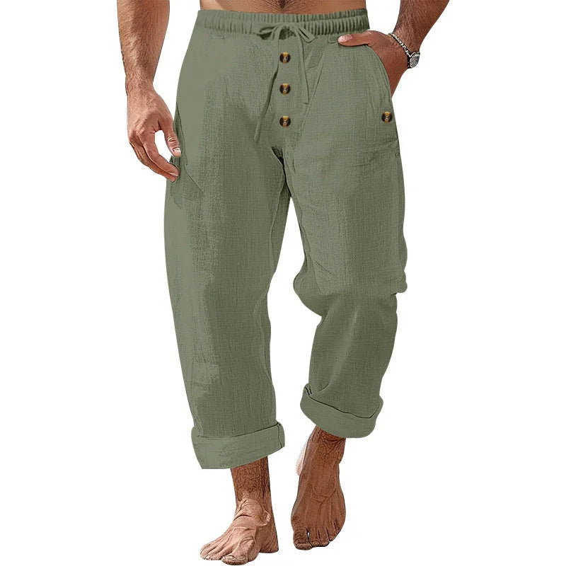 American Beach Pants Solid Color Cotton Linen Loose Drawstring Button Casual Trousers Men - VAleG