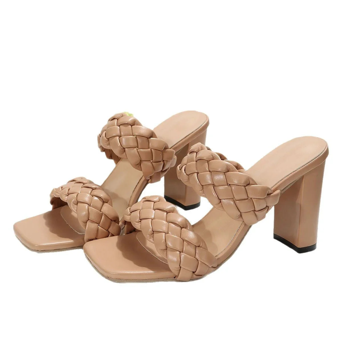 Square Toe Flip-flops Chunky Heel Woven Twisted Slippers - VAleG