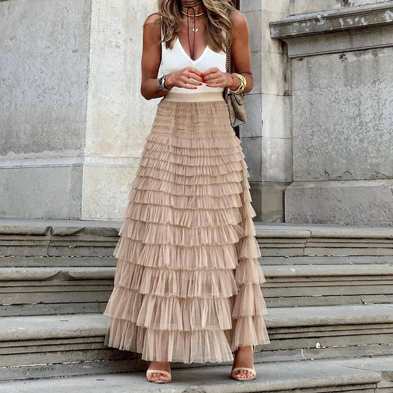 Layered Ruffles Cake Skirt Summer Fashion A Line Swing Mesh Long Skirt Party Dress Women - VAleG