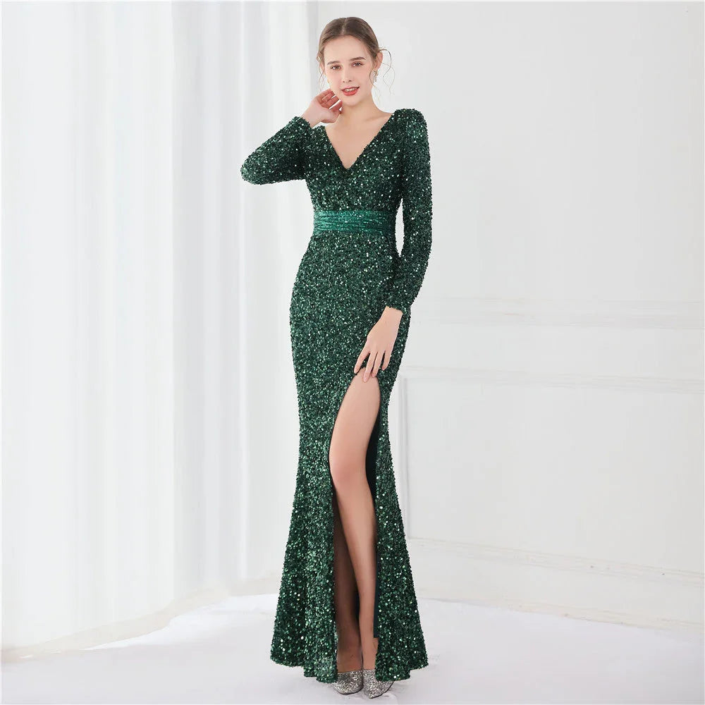 Long Sleeve Sequined Gas Field Queen Fishtail Evening Dress - VAleG
