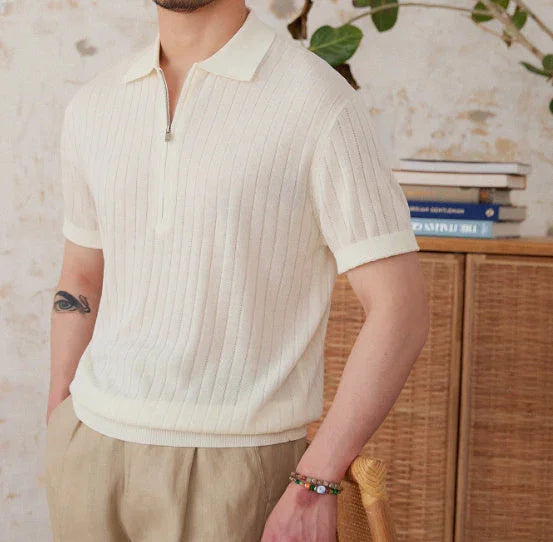 Linen Blend Lapel Zipper Sunken Stripe Short Sleeve - VAleG