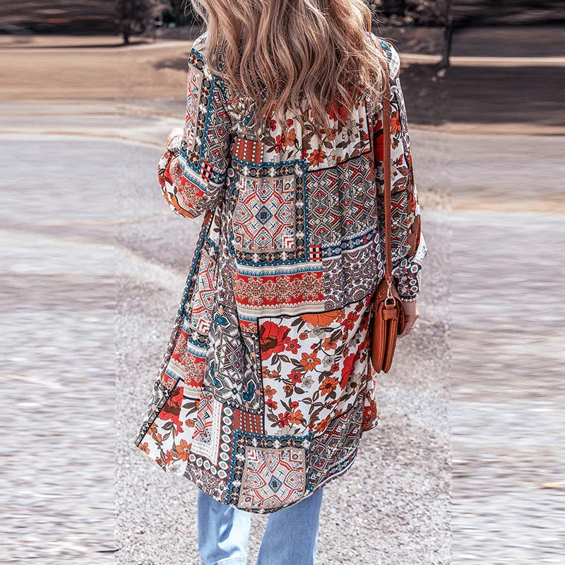 Printed Beach Cardigan Long Sleeve Top - VAleG