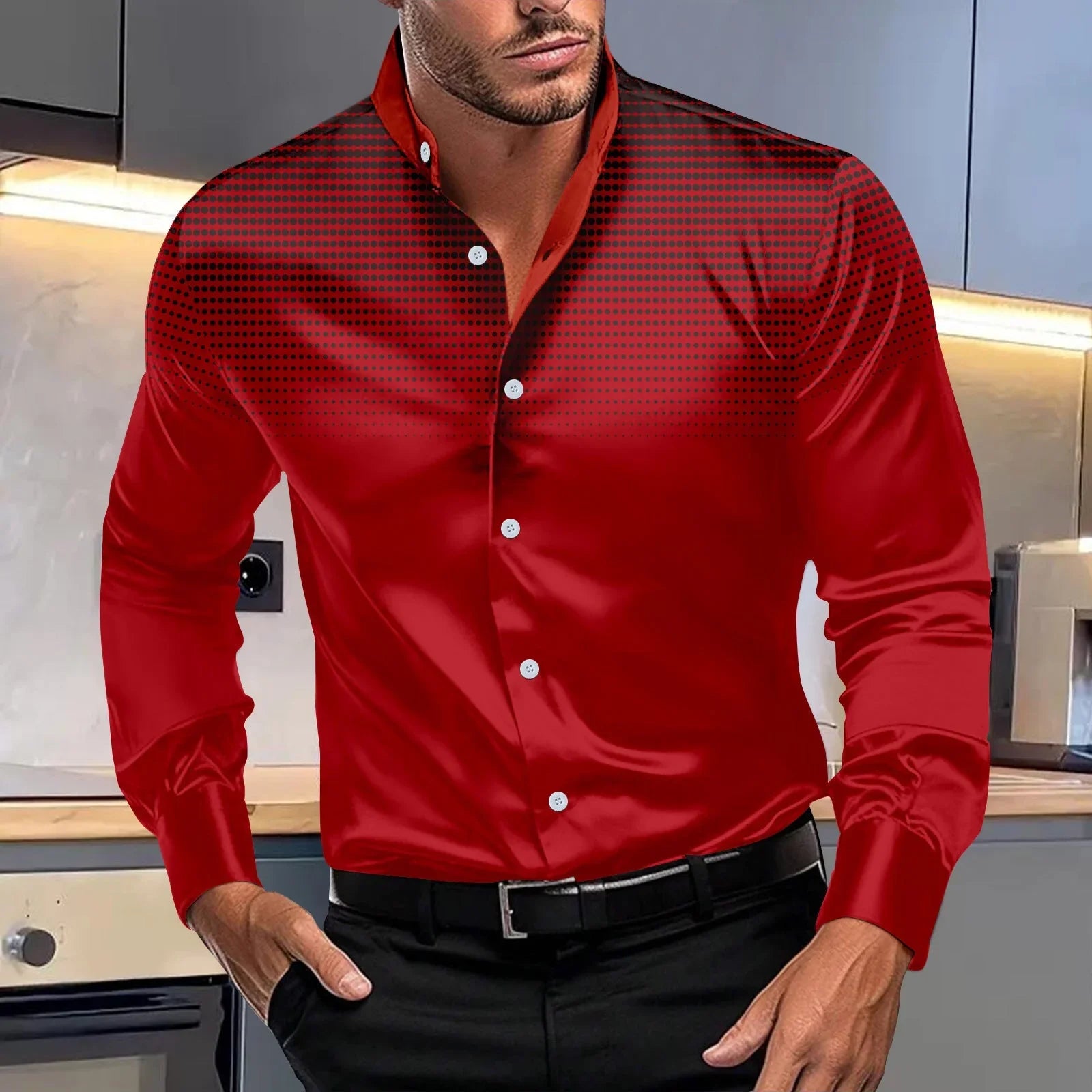 Four-sided Stretch Dotted Prints Daily Casual Stand Collar Long-sleeved Shirt - VAleG