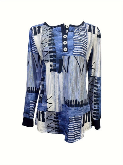 Digital Printed Pullover Button Long Sleeve T-shirt - VAleG