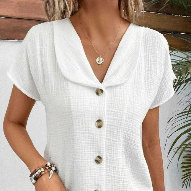 Summer Solid Color Fashion Short-sleeved Cardigan Button Women's Top - VAleG