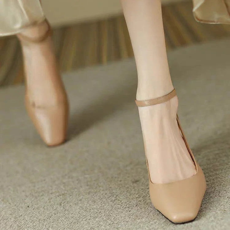 Square Toe Chunky Heel Pumps Women's Summer Mid Heel Soft Leather - VAleG